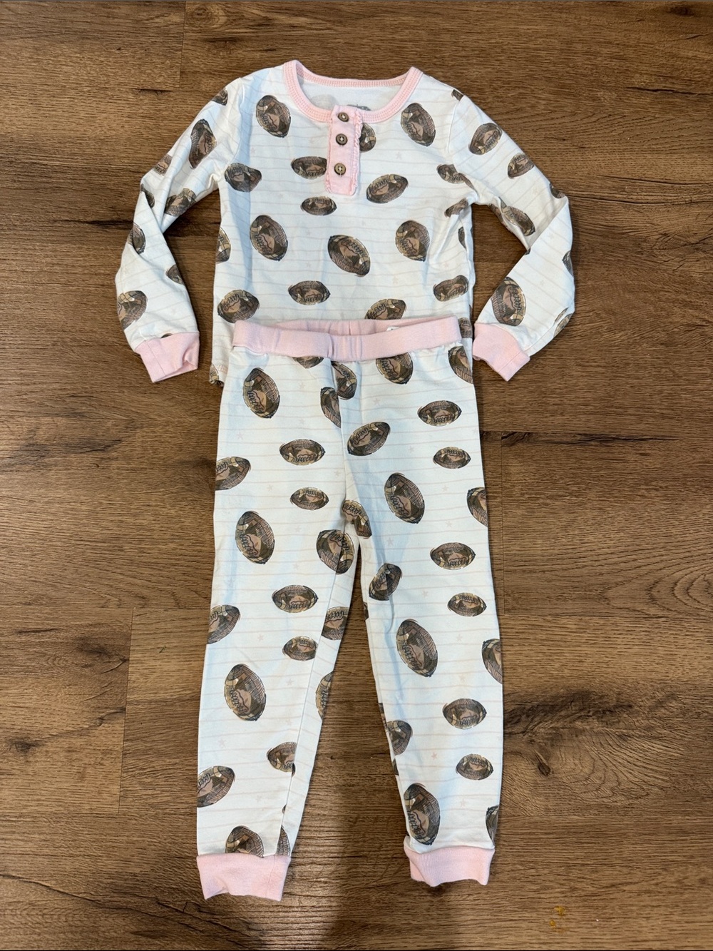 Mud Pie White Footie Pajama Set with Pink Trim and Football Print
